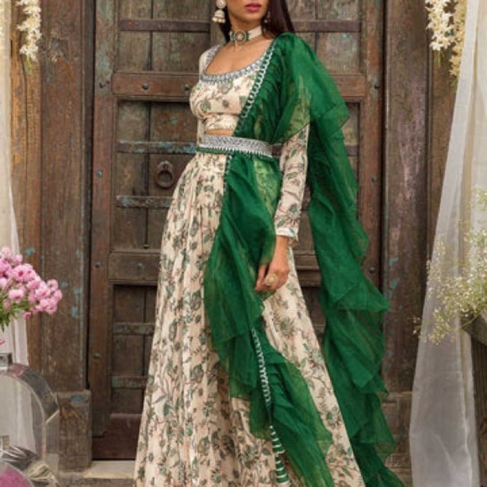 Off White Green Palazzo Set with Ruffle Dupatta